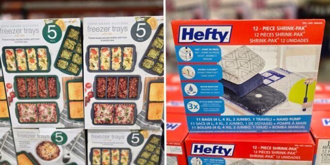 A shopping cart filled with various popular Costco products in a warehouse aisle.