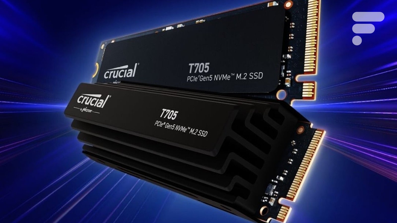 SSD Crucial T705 avec son dissipateur thermique en aluminium et cuivre, symbolisant la vitesse et l'efficacité du stockage PCIe Gen5.