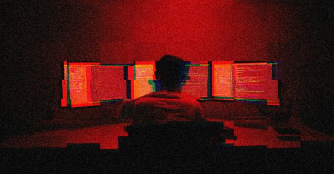 A digital illustration depicting a wolf silhouette against a backdrop of binary code, symbolizing cyber threats and malware.