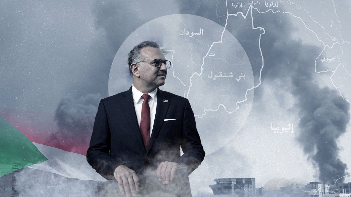 خريطة توضح منطقة بني شنقول الحدودية بين السودان وإثيوبيا، مع إشارة إلى سد الروصيرص والنيل الأزرق.