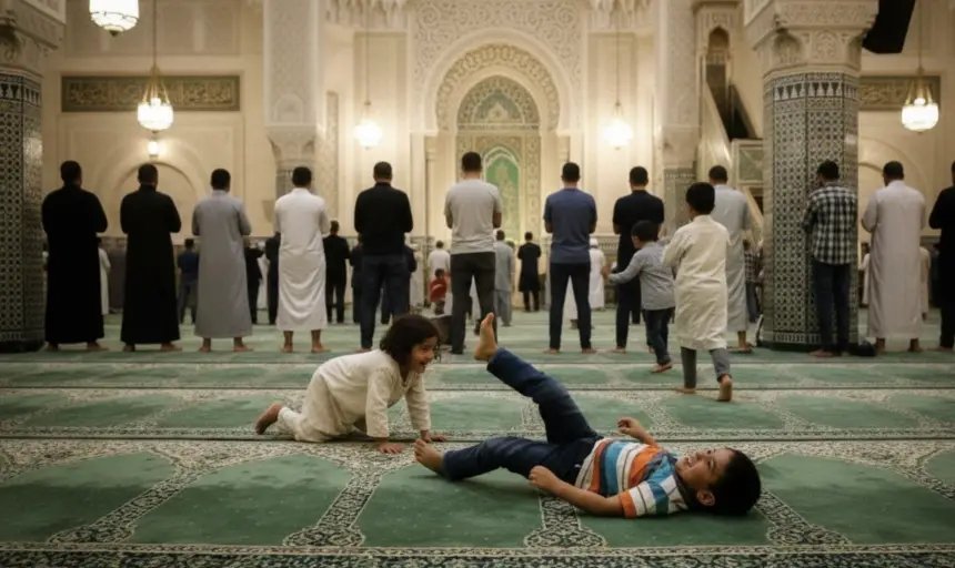أطفال يلعبون في باحة مسجد خلال صلاة التراويح في رمضان، مع مصلين في الخلفية.