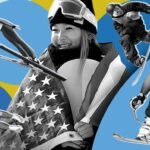 صورة بانورامية لمسار تزلج أولمبي مغطى بالثلوج مع متزلج يقفز في الهواء، تظهر الأجواء الباردة والرياح الشديدة.