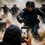 مشهد لفيضانات عارمة في إحدى الولايات الجزائرية مع تجمعات مياه تغمر الشوارع والمباني.