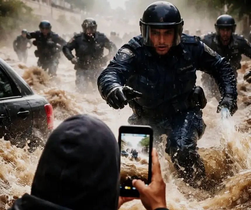 مشهد لفيضانات عارمة في إحدى الولايات الجزائرية مع تجمعات مياه تغمر الشوارع والمباني.