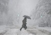 صورة لعاصفة ثلجية كثيفة في رومانيا تظهر تراكم الثلوج على الطرق والأشجار المتساقطة