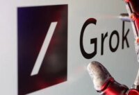 صورة توضيحية لروبوت الدردشة غروك وشعار منصة إكس مع خريطة إندونيسيا في الخلفية.