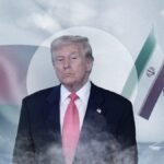 علمي الولايات المتحدة وإيران يتصافحان في خلفية تظهر خريطة الشرق الأوسط