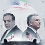 صورة تجمع مسؤولين أمريكيين وإيرانيين في قاعة اجتماعات خلال محادثات مسقط، مع وجود علم سلطنة عمان.