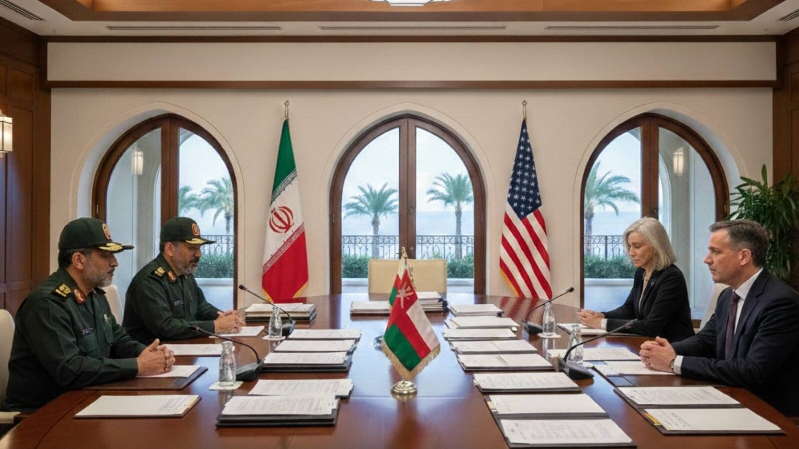 الدبلوماسية والتهديد العسكري: خبراء يحللون مفاوضات مسقط ومستقبل العلاقة الأمريكية الإيرانية 3 صورة توضيحية لمفاوضات دبلوماسية بين ممثلين عن الولايات المتحدة وإيران في مسقط، تعكس التوتر والترقب.