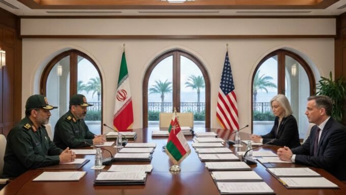 صورة توضيحية لمفاوضات دبلوماسية بين ممثلين عن الولايات المتحدة وإيران في مسقط، تعكس التوتر والترقب.