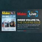 A collage of digital fabrication tools including a 3D printer, CNC machine, and laser engraver, representing Make: Volume 96.