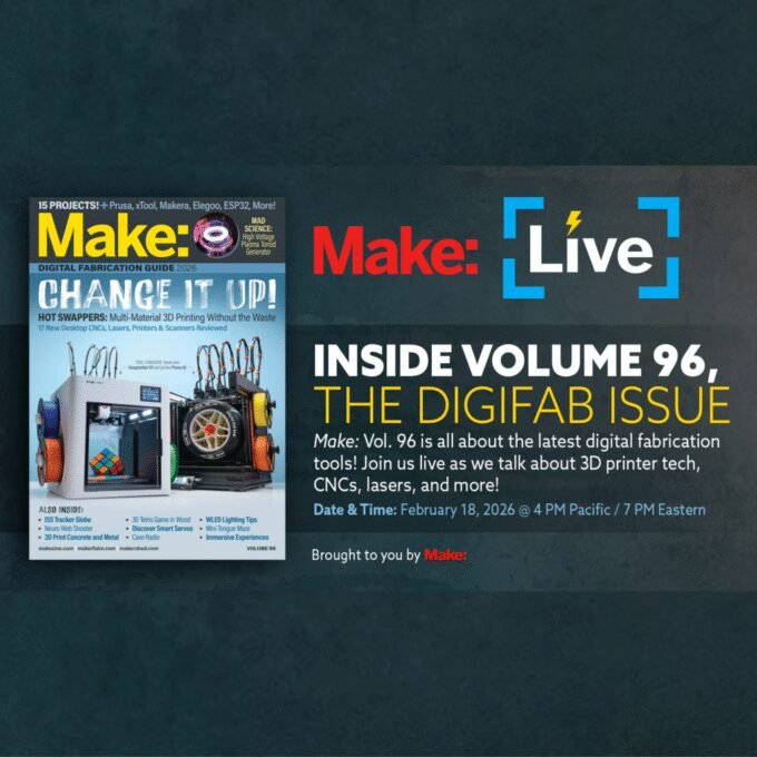 A collage of digital fabrication tools including a 3D printer, CNC machine, and laser engraver, representing Make: Volume 96.