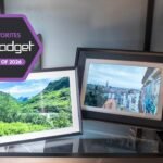 Aura 10.1 Carver Mat Digital Frame showcasing vibrant family photos in a modern home setting.