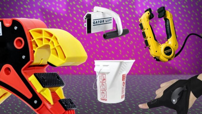 A collection of innovative DIY tool accessories including a multipail, flashlight gloves, and a ladder leveler, ready for home projects.