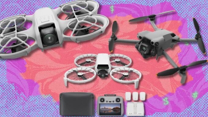 A composite image showcasing various DJI drones, including the Mini 5 Pro, Flip, and Neo, highlighting Amazon's special deals.