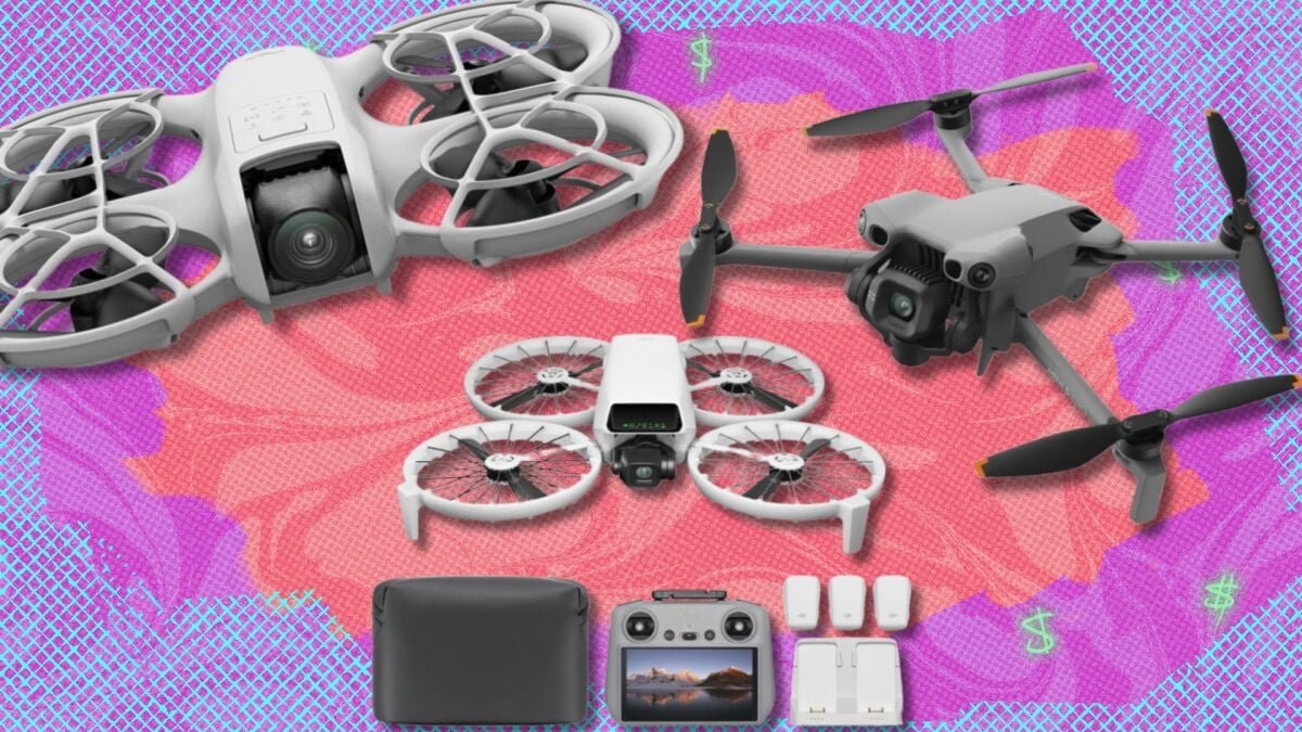 A composite image showcasing various DJI drones, including the Mini 5 Pro, Flip, and Neo, highlighting Amazon's special deals.