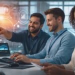 A futuristic leader interacting with advanced holographic technology, symbolizing early tech adoption.