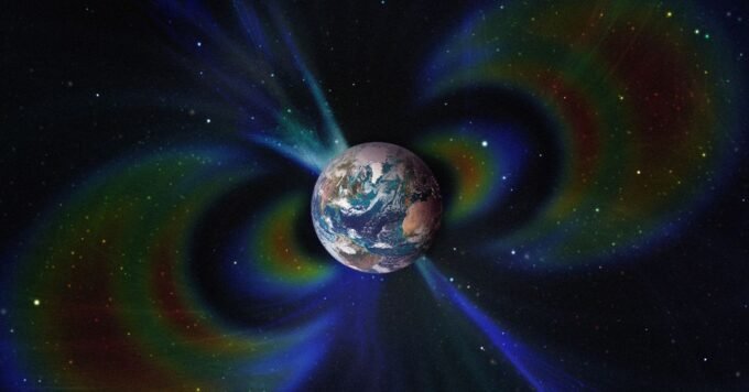 Artistic rendering of Earth's interior showing the core, mantle, and large low-shear-velocity provinces (LLSVPs) influencing the magnetic field lines.