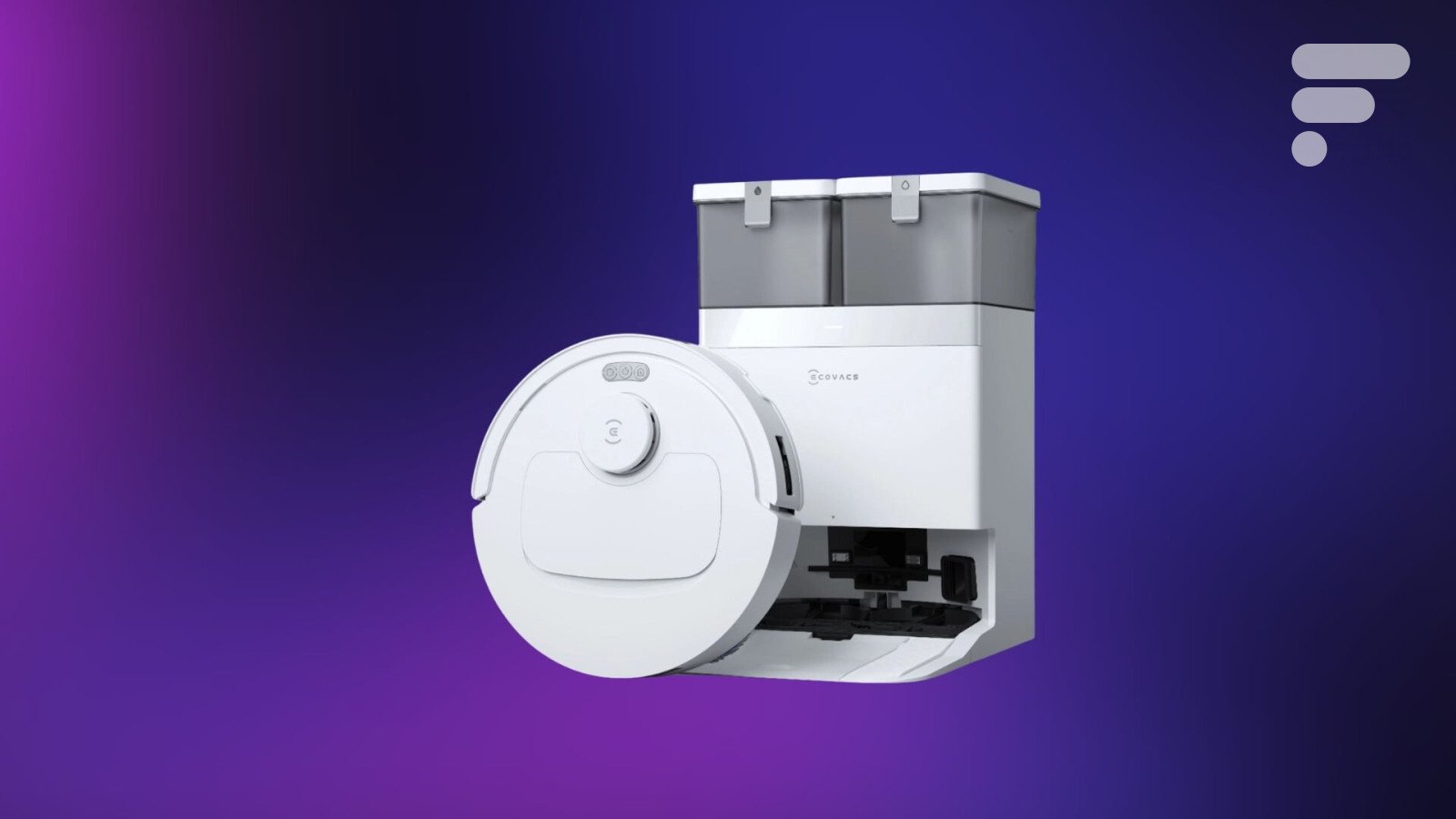 Robot aspirateur-laveur Ecovacs Deebot T30C blanc avec sa station de nettoyage, posé sur un sol clair