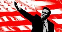 Elon Musk speaking at a press conference, with a blurred American flag in the background, symbolizing his involvement in political action.