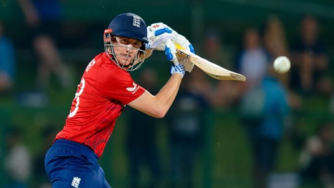 England and New Zealand cricket players in action during the 2026 T20 World Cup match.