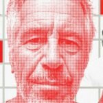 A shadowy figure representing Jeffrey Epstein looms over a cityscape featuring corporate buildings, symbolizing the impact of the Epstein files on business elites.