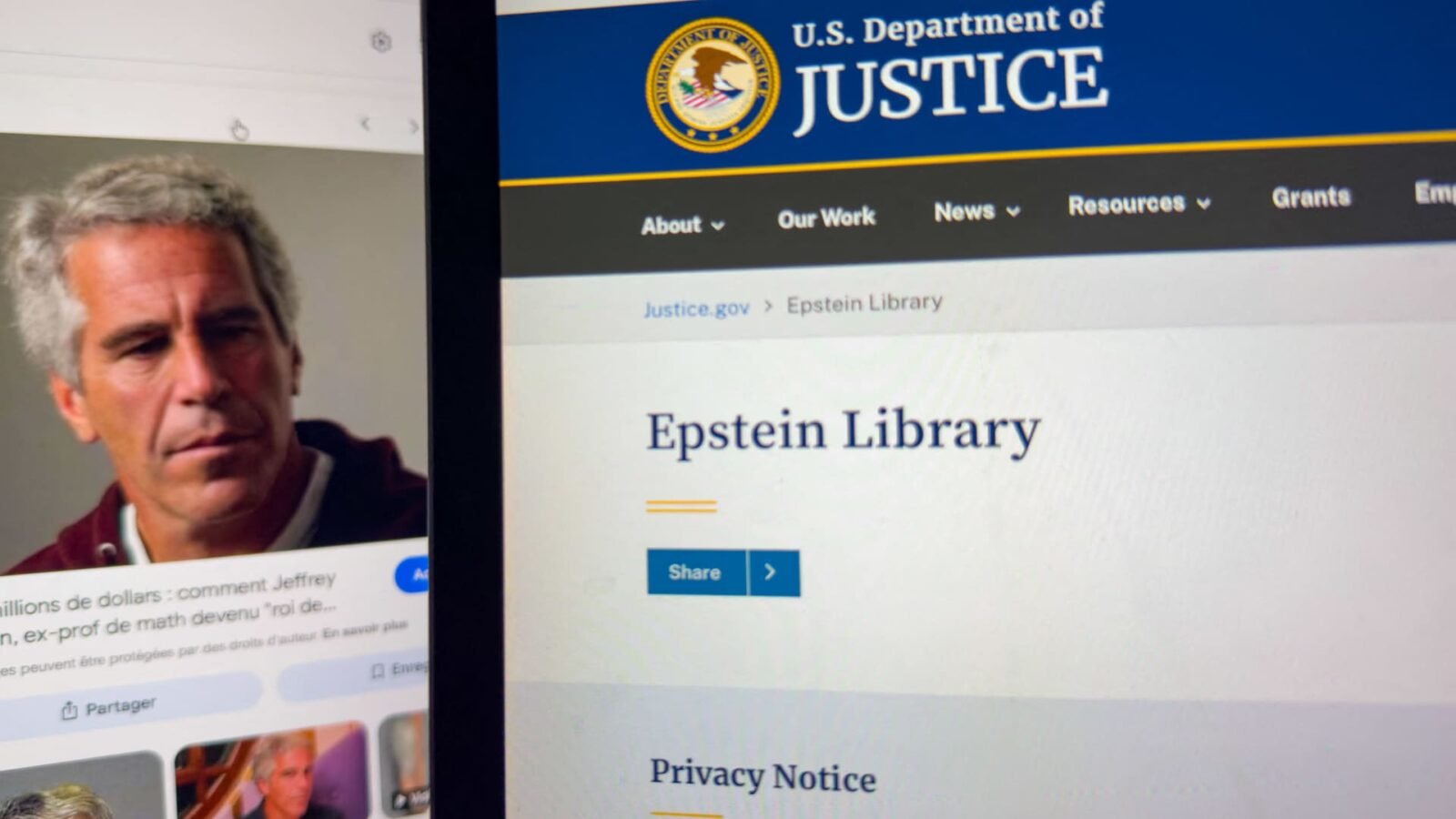 A tablet screen displaying Jeffrey Epstein's portrait next to the U.S. Department of Justice 'Epstein Library' webpage, symbolizing the ongoing fallout.