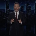 Jimmy Kimmel on stage, with images of Donald Trump and Elon Musk in the background, discussing the Jeffrey Epstein files.