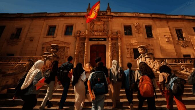 Des étudiants marocains souriants sur un campus universitaire en Espagne, symbolisant le succès et l'intégration.