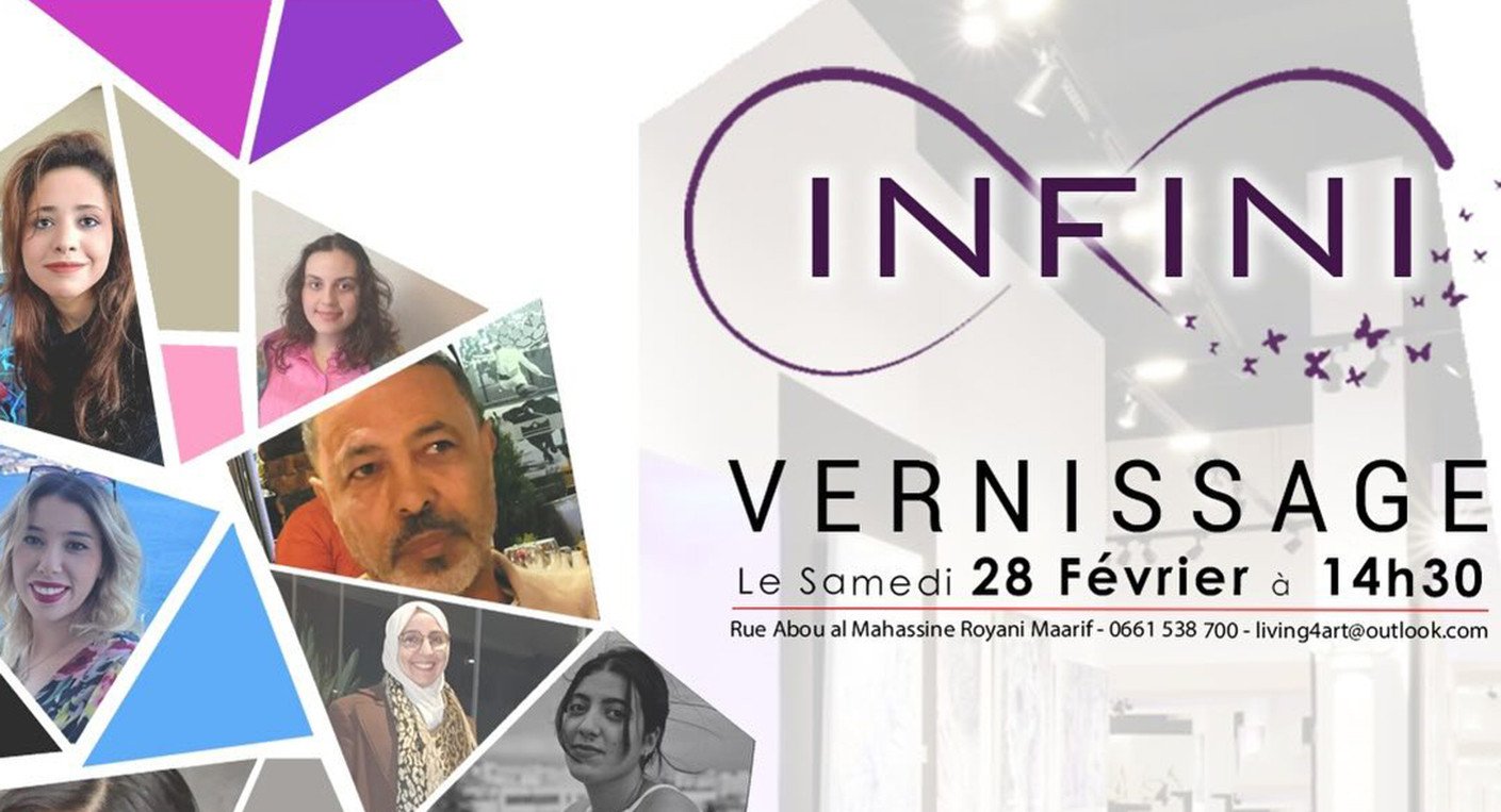 Diverses œuvres d'art contemporain, incluant peintures et sculptures, exposées dans la galerie Living 4 ART à Casablanca, sous le thème 'Infini'.