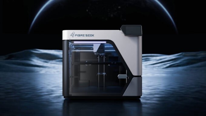 A sleek, compact FibreSeeker 3 desktop 3D printer in operation, showcasing its advanced continuous fiber printing capabilities.
