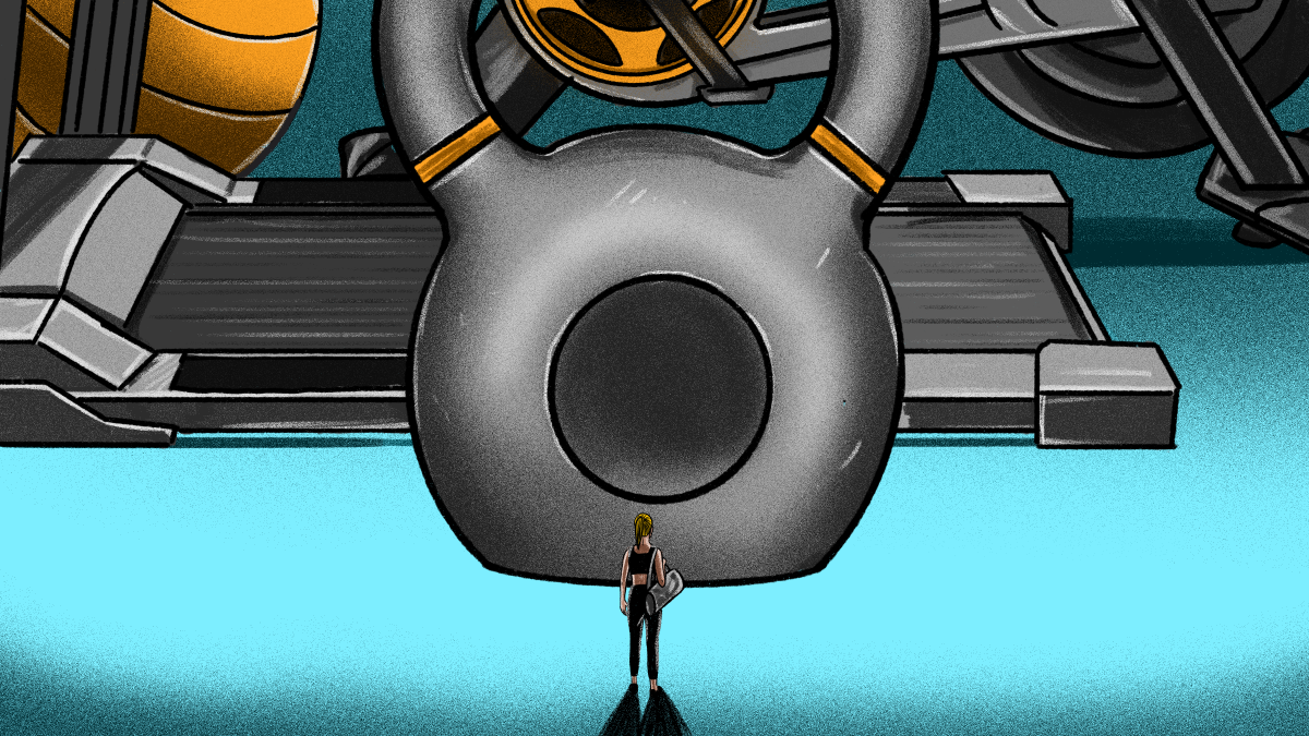 Person confidently walking into a modern gym with equipment in the background