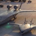 Conceptual rendering of an ultra-wide flying wing cargo jet in flight, symbolizing aerospace innovation.