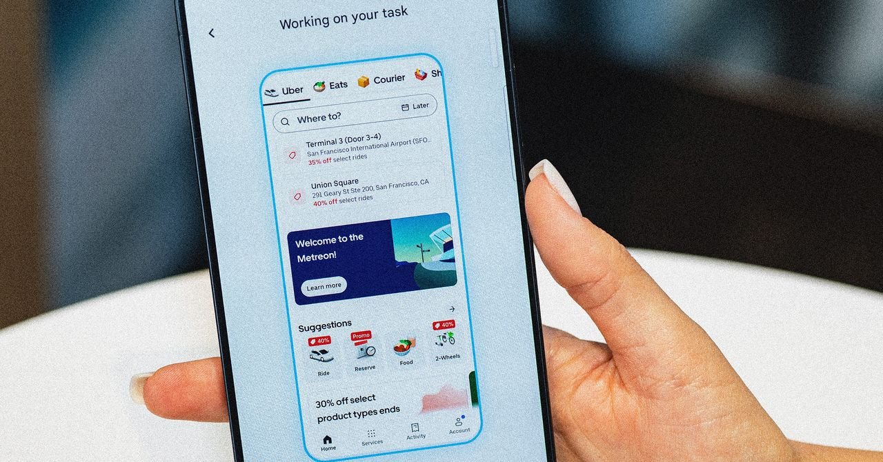 Google Gemini AI assistant automating tasks on a smartphone screen, showing integration with ride-hailing and food delivery apps.