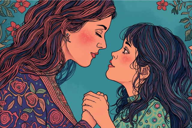 A parent comforting a child, symbolizing the intergenerational transmission and healing of emotional wounds.