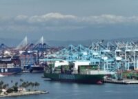 A gavel striking a block with trade charts in the background, symbolizing legal decisions impacting global commerce and market volatility.