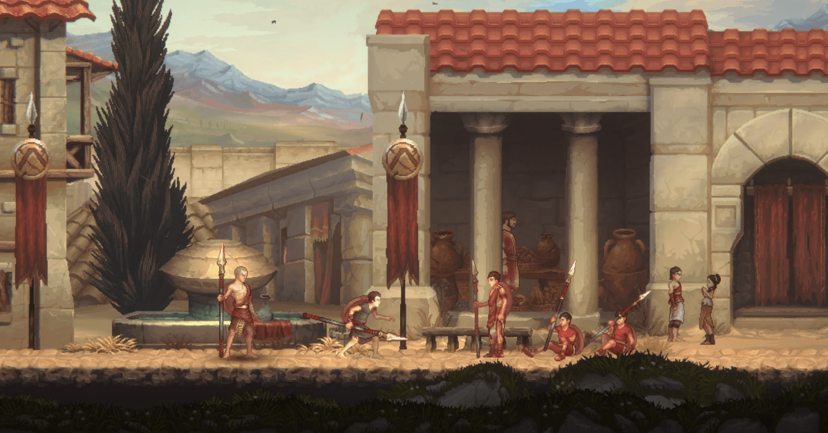 Artwork for God of War: Sons of Sparta, showing young Kratos with spear and shield.