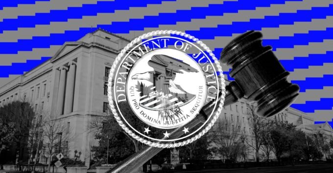 A stylized image representing the legal battle between the Department of Justice and Google over its search monopoly.