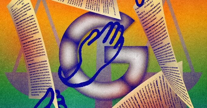 Illustration of Google's logo overlaid with legal documents and a magnifying glass, symbolizing data requests and privacy concerns.