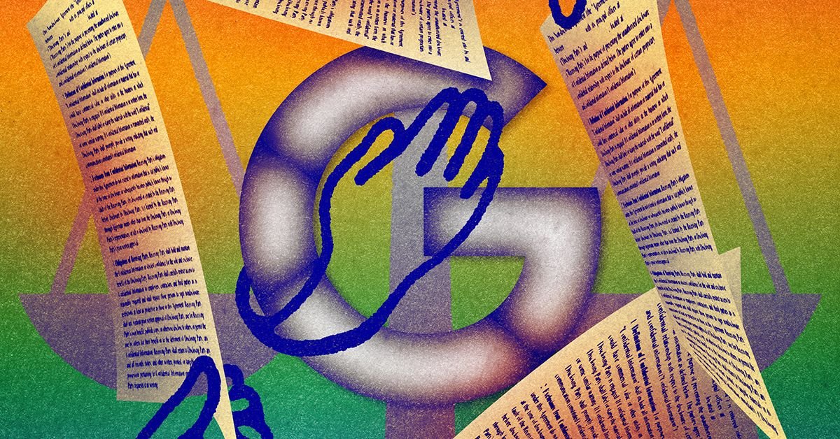 Illustration of Google's logo overlaid with legal documents and a magnifying glass, symbolizing data requests and privacy concerns.