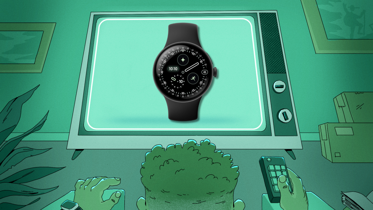 A Google Pixel Watch 4 displaying a vibrant watch face on a wrist, highlighting its circular design and bright screen.