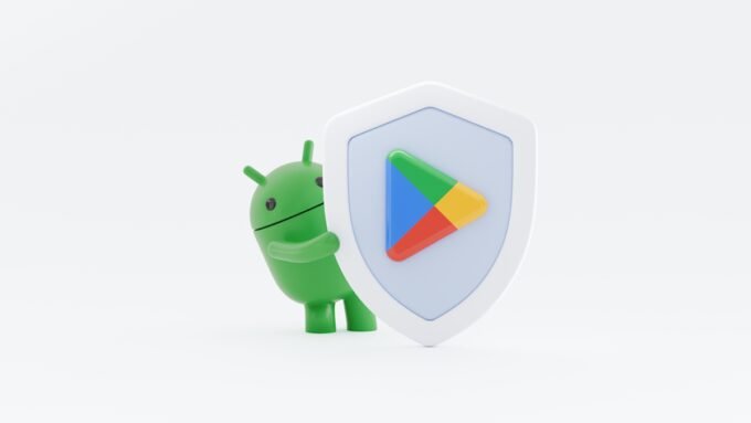 An illustration depicting artificial intelligence protecting mobile applications on the Google Play Store, with a shield icon.