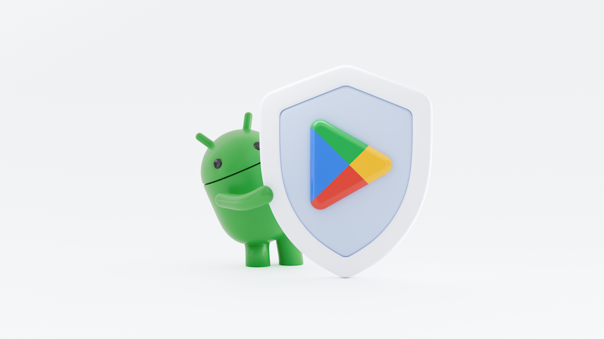 An illustration depicting artificial intelligence protecting mobile applications on the Google Play Store, with a shield icon.