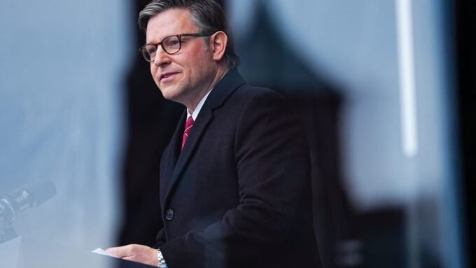 Speaker Mike Johnson addresses an audience in Washington D.C.