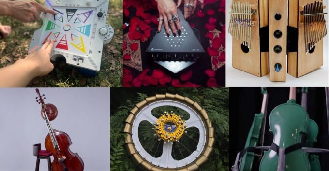 Fiddle Henge, an experimental musical instrument made of four green violins mounted on a bass drum