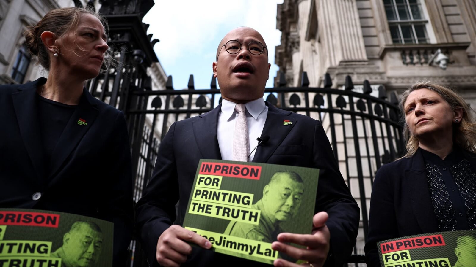Sebastian Lai, son of jailed Hong Kong pro-democracy media tycoon Jimmy Lai, speaks to the press outside Downing Street in London.