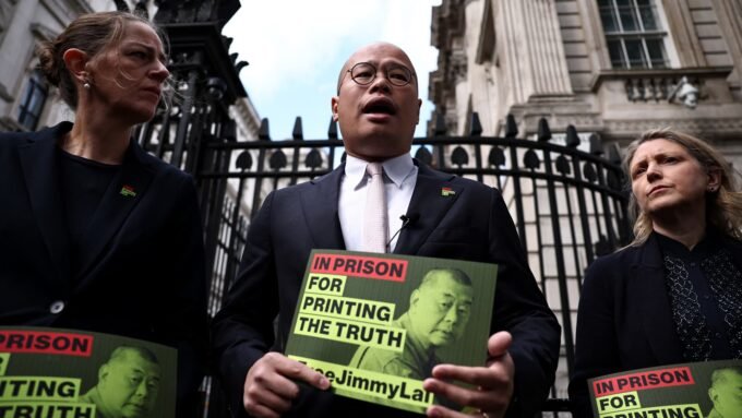 Sebastian Lai, son of jailed Hong Kong pro-democracy media tycoon Jimmy Lai, speaks to the press outside Downing Street in London.