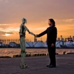 Robots and humans working together in a modern factory setting, symbolizing collaboration and efficiency.