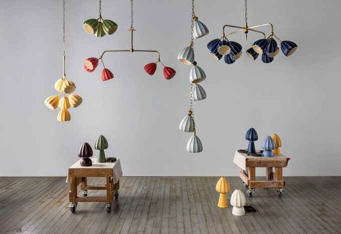 Hwang Bishop Unveils Bloom: A Matte Revolution in Sculptural Ceramic Lighting 7 A multi-tier Bloom chandelier by Hwang Bishop, featuring cascading ceramic shades in soft matte glazes.