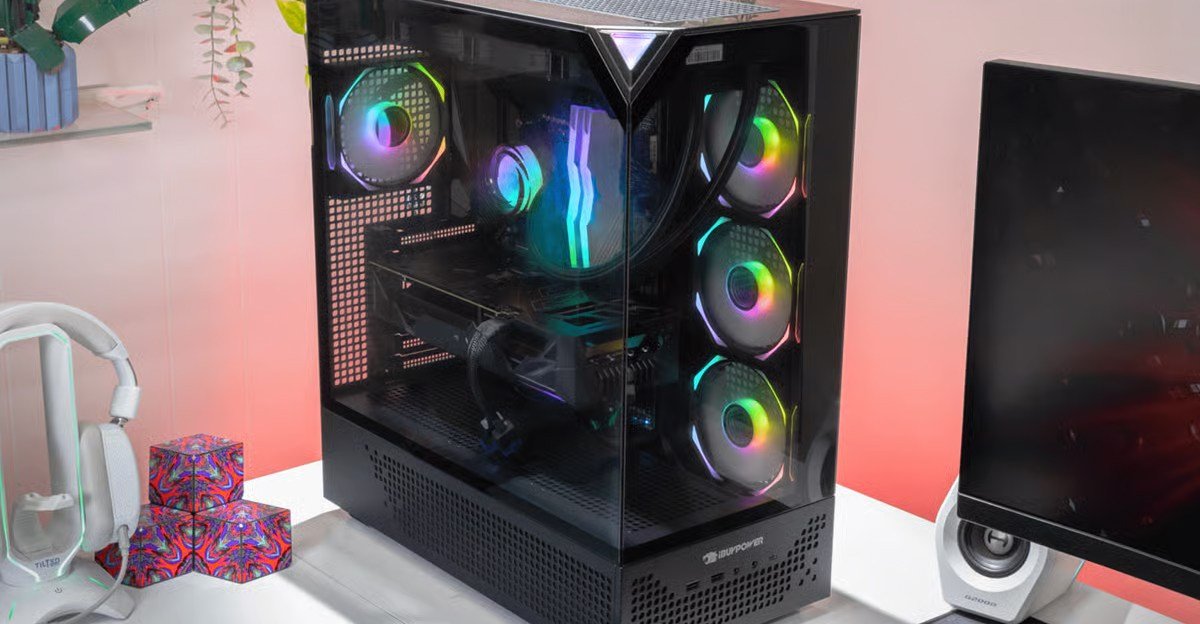 Two iBuyPower gaming desktops with RGB lighting and tempered glass panels